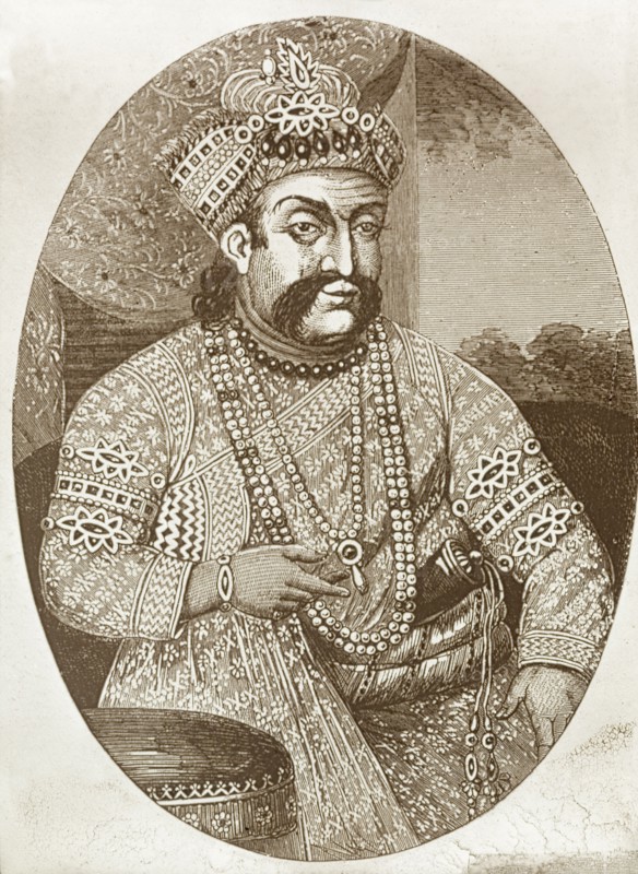 Portrait of an Indian Nawab. Illustrated portrait of a bejewelled Indian nobleman, possibly Wajid Ali Shah (1822-1887), the last Nawab of Oudh (Awadh). During the Indian Mutiny and Rebellion (1857-58), Shah was exiled to Calcutta (Kolkata) by the East India Company and was replaced by Sir Henry Lawrence, who became Chief Commissioner of Oudh. Probably North Western Provinces (Uttar Pradesh), India, circa 1857. India, Southern Asia, Asia.