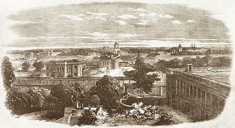 Lucknow, circa 1857. Illustrated view over the city of Lucknow, observed at around the time of the Indian Mutiny and Rebellion (1857-58). Lucknow, North Western Provinces (Uttar Pradesh), India, circa 1857. Lucknow, Uttar Pradesh, India, Southern Asia, Asia.