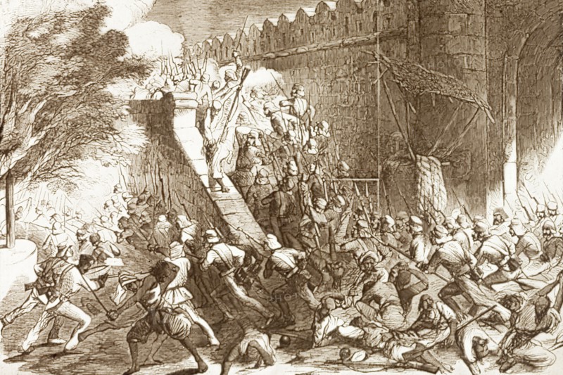 Storming the Cashmere (Kashmir) Gate, Delhi. An illustration depicts British soldiers storming the Cashmere (Kashmir) Gate in Delhi during the Indian Mutiny and Rebellion (1857-58). Led by General John Nicholson, the British successfully reclaimed the city, which had been besieged by Indian rebels since June 1857. Delhi, India, 14 September 1857. Delhi, Delhi, India, Southern Asia, Asia.