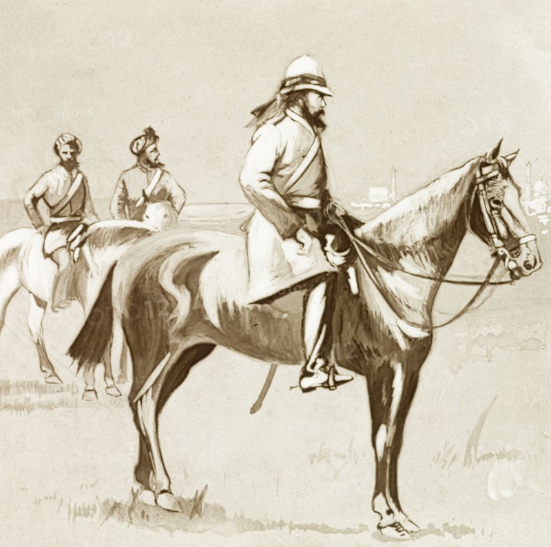 Hodson, of Hodson's Horse'. Illustrated portrait of Colonel William Stephen Raikes Hodson (1821-1858), mounted on horseback. Colonel Hodson was the founder of Hodson's Horse, an irregular cavalry regiment of the British Army that was raised to help suppress the Indian Mutiny and Rebellion (1857-58). India, circa 1857. India, Southern Asia, Asia.