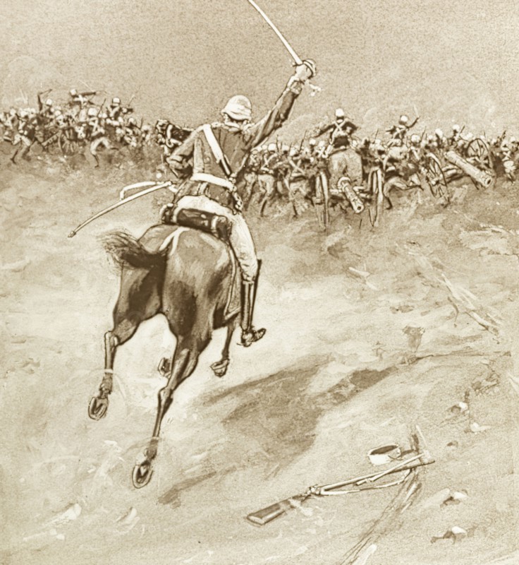 Frightening the enemy'. An illustration depicts a British soldier on horseback, charging into battle with his sword held high during the Indian Mutiny and Rebellion (1857-58). India, circa 1857. India, Southern Asia, Asia.