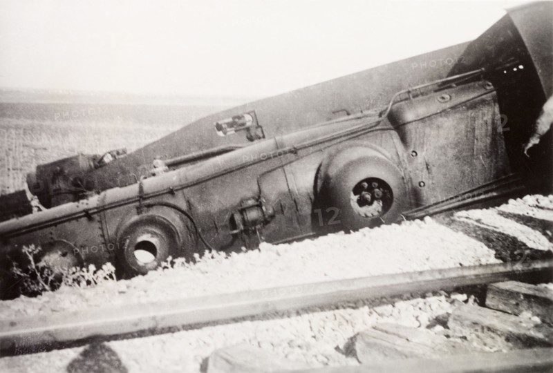 Derailment at Ras el Ain. A steam locomotive lies upturned on a railway embankment, derailed in a sabotage attack by Palestinian Arab dissidents during the Great Uprising (1936-39). Ras el Ain, British Mandate of Palestine (Israel), circa 1938. Israel, Middle East, Asia.