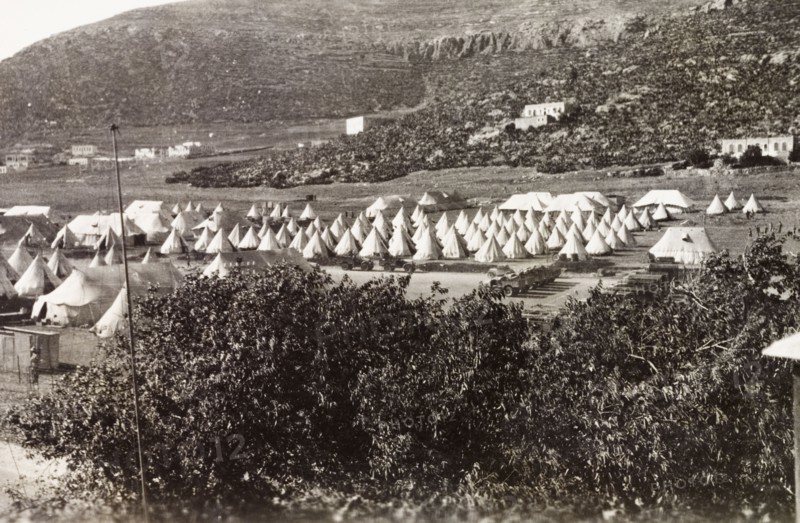 Camp of the First Battalion Irish Guards, Nablus. Lines of army bell tents are pitched at Nablus, at a military camp belonging to the First Battalion Irish Guards. During the period of the Great Uprising (1936-39), an additional 20,000 British troops were deployed to Palestine in an attempt to clamp down on Arab dissidence. Nablus, British Mandate of Palestine (West Bank, Middle East), circa 1938. Nablus, West Bank, West Bank (Palestine), Middle East, Asia.