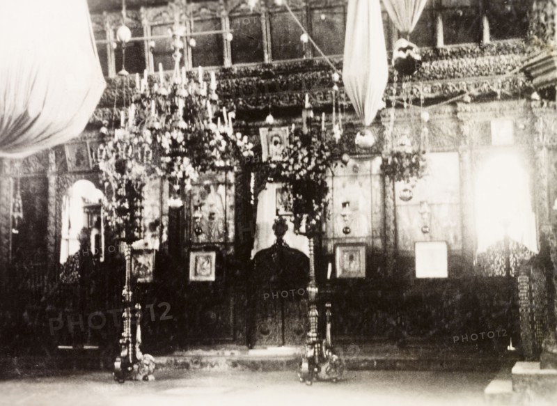 Interior of Church of the Nativity, Bethlehem. The ornate interior of the Church of the Nativity, an Armenian Apostolic Church in the city Bethlehem. Bethlehem, British Mandate of Palestine (West Bank, Middle East), circa 1938. Bethlehem, West Bank, West Bank (Palestine), Middle East, Asia.