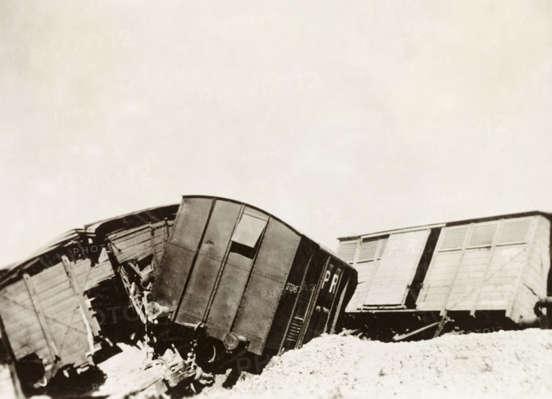 Derailment on the Kantara line. Railway carriages lay in a tangled heap on the Kantara line, derailed in a sabotage attack by Palestinian Arab dissidents during the Great Uprising (1936-39). British Mandate of Palestine (Middle East), circa 1938., Middle East, Asia.