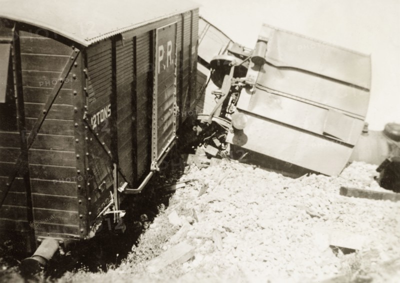 Derailment on the Kantara line. Railway carriages lay in a tangled heap on the Kantara line, derailed in a sabotage attack by Palestinian Arab dissidents during the Great Uprising (1936-39). British Mandate of Palestine (Middle East), circa 1938., Middle East, Asia.