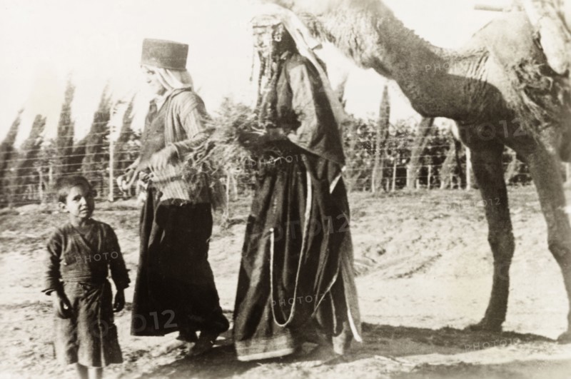 Bedouin people near Samakh. Two bedouin women and a young boy walk along a rural road with a camel near the Arab village of Samakh. Near Samakh, British Mandate of Palestine (Israel), circa 1938. Samakh, North (Israel), Israel, Middle East, Asia.
