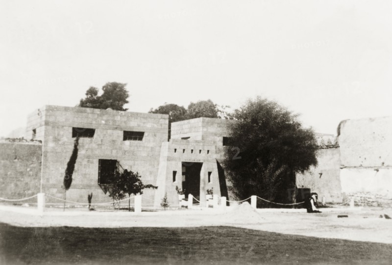 Fort in Gaza. View of two square watchtowers at the entrance to a fort in Gaza. Gaza, British Mandate of Palestine (Gaza Strip, Middle East), circa 1938., Middle East, Asia.