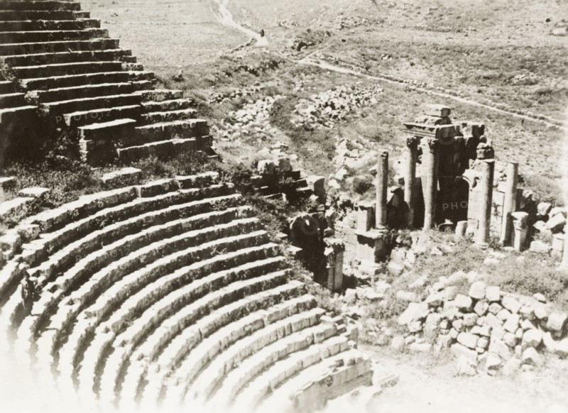 Roman amphitheatre, Palestine. The ruins of a Roman amphitheatre in Palestine. British Mandate of Palestine (Middle East), circa 1938. Amman, Jordan, Jordan, Middle East, Asia.