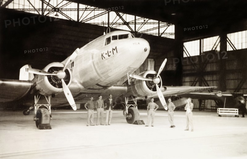 KLM Royal Dutch Airlines aeroplane. A KLM Royal Dutch Airlines aeroplane, the PH-ALV 'Valk', sits in a hangar at Lydda Airport. Lydda, British Mandate of Palestine (Lod, Israel), circa 1938. Lod, Central (Israel), Israel, Middle East, Asia.