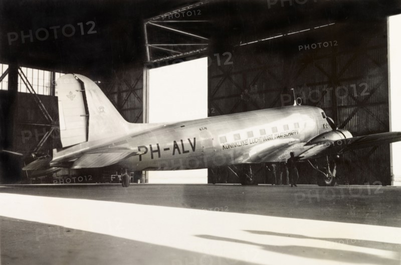 A KLM Royal Dutch Airlines aeroplane. A KLM Royal Dutch Airlines aeroplane, the PH-ALV 'Valk', sits in a hangar in Lydda Airport. Lydda, British Mandate of Palestine (Lod, Israel), circa 1938. Lod, Central (Israel), Israel, Middle East, Asia.