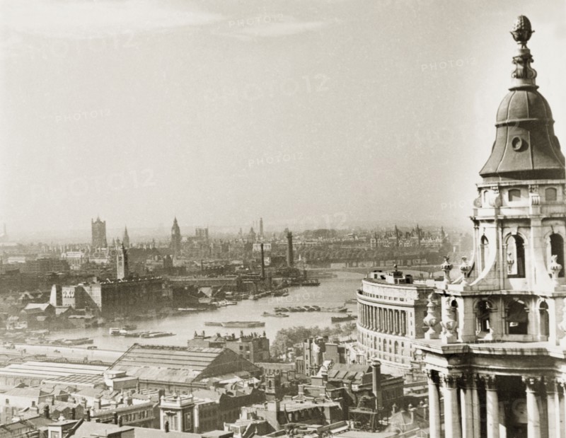 View over the City of London, 1945. View over the River Thames and the City of London, taken from the top of St Paul's Cathedral at the close of World War II. Although struck twice by enemy bombs in October 1940 and April 1941, the cathedral managed to survive the Blitz, which saw the destruction of more than a million houses in the city. London, England, 1945. London, London, City of, England (United Kingdom), Western Europe, Europe .