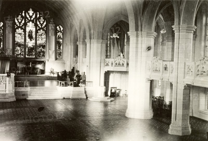 Interior of Medak Cathedral. Interior view of the nave in Medak Cathedral, looking towards to the stained glass windows at the high altar. Medak Cathedral was built by Wesleyan Methodist missionaries in Gothic architectural style during the First World War (1914-1918). Medak, Andhra Pradesh, India, 1933., Andhra Pradesh, India, Southern Asia, Asia.