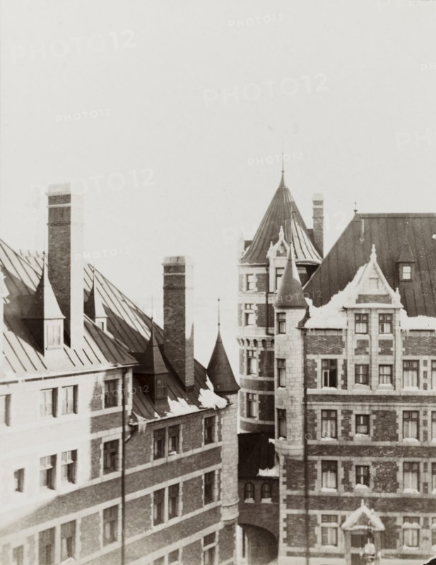 Chateau Frontenac, Quebec. View of the turreted Chateau Frontenac, a grand hotel built in 1893 in a combination of Scottish baronial and French Chateau architectural style. It was designed by American architect Bruce Price for the Canadian Pacific Railway company in order to entice wealthy travellers and encourage luxury tourism to its trains. Quebec, Canada, February 1902. Quebec, Quebec, Canada, North America, North America .