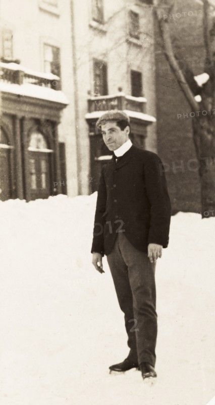 Mr Michaelson ice skating, Montreal. Full-length portrait of Mr Michaelson, who pauses for the camera whilst ice skating on the snow covered streets of Montreal. Montreal, Canada, February 1902. Montreal, Quebec, Canada, North America, North America .