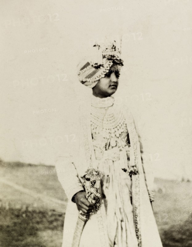 Maharajah of Patiala. Portrait of Bhupinder Singh (1891-1938), Maharajah of Patiala, lavishly dressed for Edward VII's Coronation Durbar. India, circa 1 January 1903. Delhi, Delhi, India, Southern Asia, Asia.