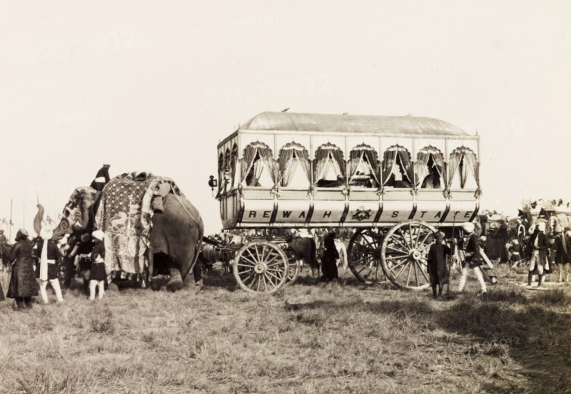 Rewah State's ceremonial carriage. A caparisoned elephant pulls Rewah State's large, ceremonial carriage at the Coronation Durbar. Delhi, India, circa 1 January 1903. Delhi, Delhi, India, Southern Asia, Asia.