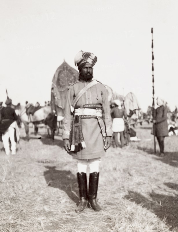 Sikh soldier at Coronation Durbar, 1903. A Sikh soldier of an Indian irregular cavalry unit stands to attention at the Coronation Durbar. Delhi, India, circa 1 January 1903. Delhi, Delhi, India, Southern Asia, Asia.
