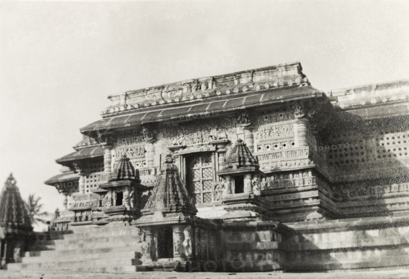 facade of Chennakesava Temple. View of the ornately carved facade of Chennakesava Temple, a 12th century Vaishnava temple built by King Vishnuvardhana of the Hoysala dynasty. Belur, Mysore State (Karnataka), India, circa 1937., Karnataka, India, Southern Asia, Asia.