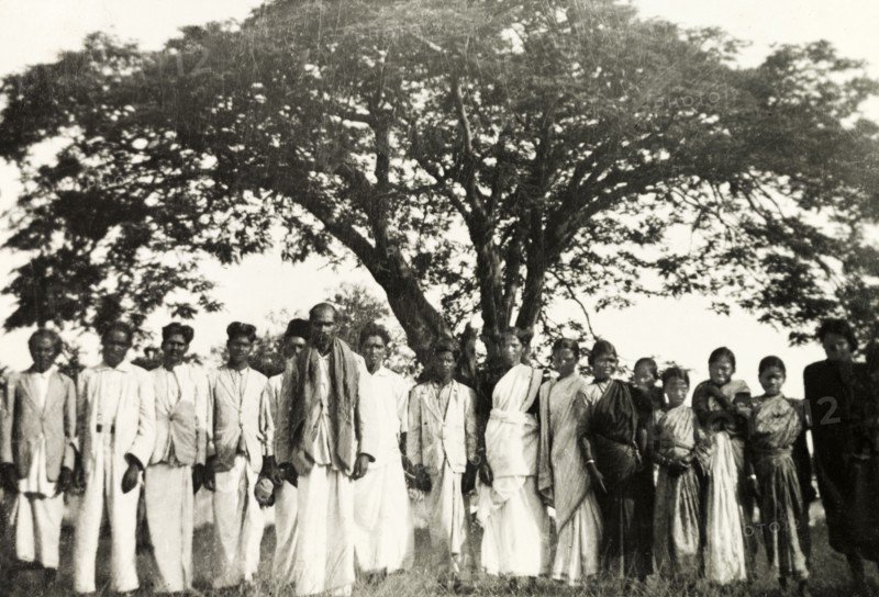 Methodist baptism ceremony, India. Group portrait of a Methodist congregation at 'Doopadcool Estate' following a baptism ceremony performed by British missionary Reverend Norman Sargant. Mysore State (Karnataka), India, 1938., Karnataka, India, Southern Asia, Asia.