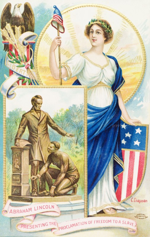 Postcard commemorating US Emancipation. A colourful postcard commemorates the Emancipation Proclamation of the United States of America, issued in 1862 by President Abraham Lincoln. The illustration depicts a bronze statue of Lincoln delivering the Proclamation to a kneeling African slave, and patriotic symbols including Lady Liberty, the Great Seal and the Stars and Stripes emblem. United States of America, 1908. United States of America, North America, North America .