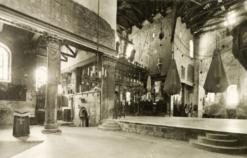 Church of the Nativity, Bethlehem. Interior shot of the Church of the Nativity. Bethlehem, British Mandate of Palestine (West Bank, Middle East), 1938. Bethlehem, West Bank, West Bank (Palestine), Middle East, Asia.