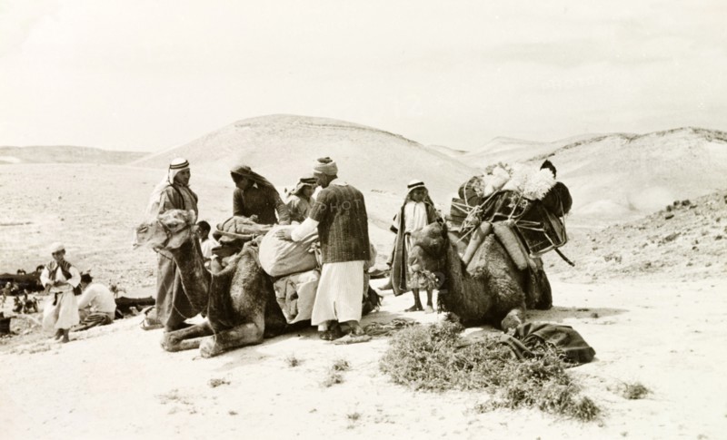 Loading up camels in Al-Masfara. A party of travellers loads up its camels during a journey through Al-Masfara, a mountainous region to the west of the Dead Sea. British Mandate of Palestine (West Bank, Middle East), 2-9 April 1941., West Bank, West Bank (Palestine), Middle East, Asia.