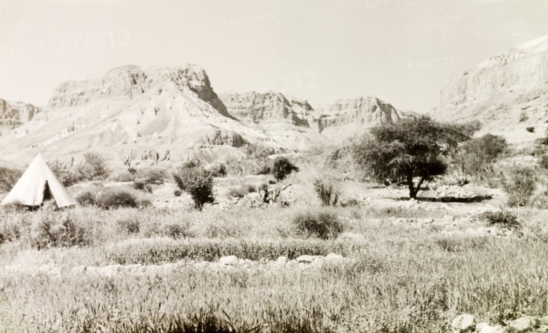 A bell tent at Ein Gedi. A lone bell tent is pitched at Ein Gedi (Engedi), a freshwater oasis located on the western shore of the Dead Sea. Ein Gedi, British Mandate of Palestine (West Bank, Middle East), 2-9 April 1941. Ein Gedi, West Bank, West Bank (Palestine), Middle East, Asia.