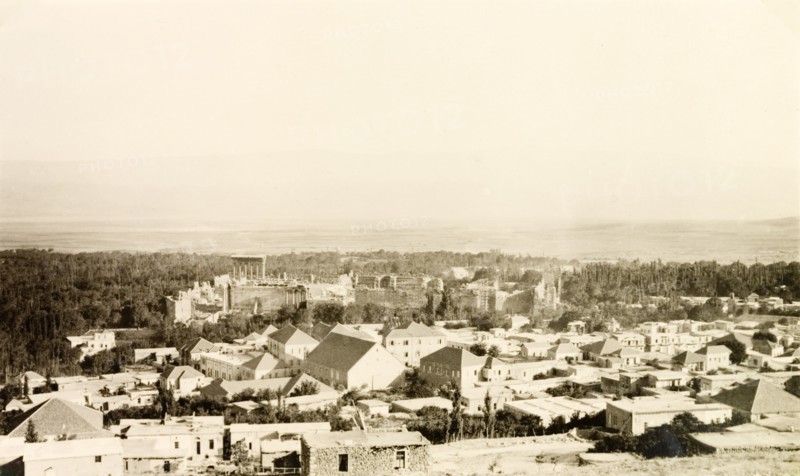 View across Baalbek. View across Baalbek, looking towards the Corinthian columns of the town's famous Roman ruins. Baalbek, French Mandate of Lebanon (Lebanon), July 1941. Baalbek, Beqaa, Lebanon, Middle East, Asia.