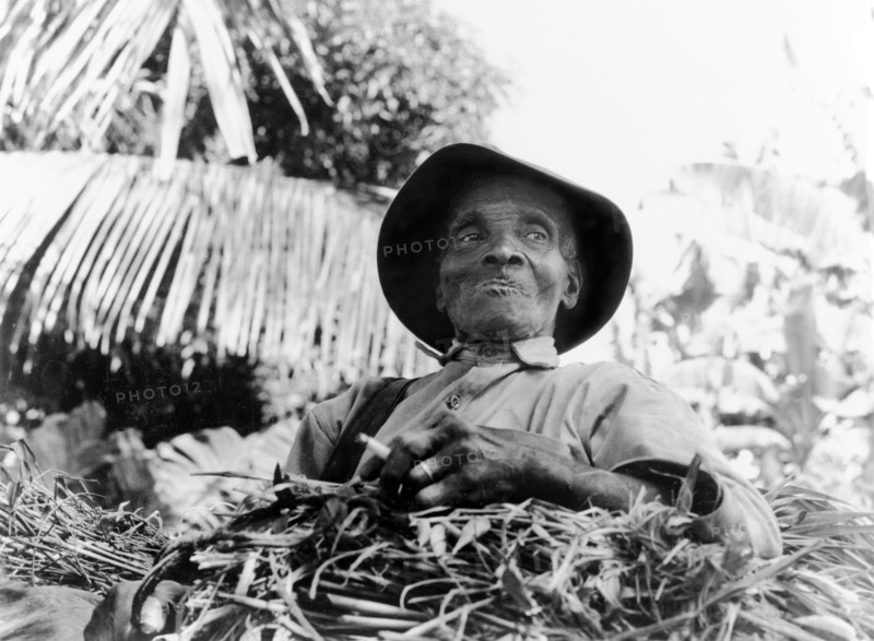 An elderly man from Dominica. An elderly Dominican man leans back in the saddle of his straw-laden donkey, holding a cigarette in one hand. An original caption comments that he was an "employee from a small hotel from Roseau". Roseau, Dominica, 1965. Roseau, St Andrew (Dominica), Dominica, Caribbean, North America .