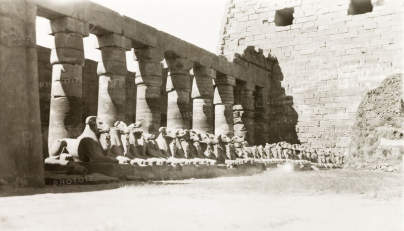Ram-headed sphinxes at Karnak . An avenue of ram-headed sphinxes guards a courtyard in the Karnak Templex complex. Karnak, Egypt, February 1945., Qina, Egypt, Northern Africa, Africa.