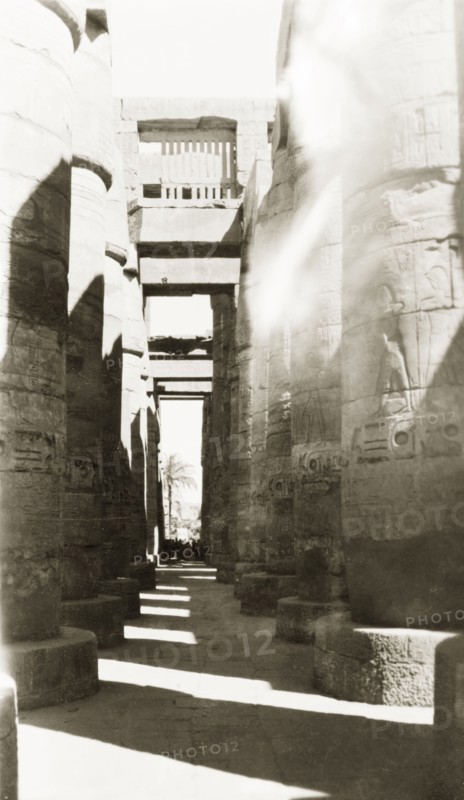 Columns of the Great Hypostyle Hall. An avenue of stone columns at the Great Hypostyle Hall, located within the Karnak Temple complex. Karnak, Egypt, February 1945., Qina, Egypt, Northern Africa, Africa.