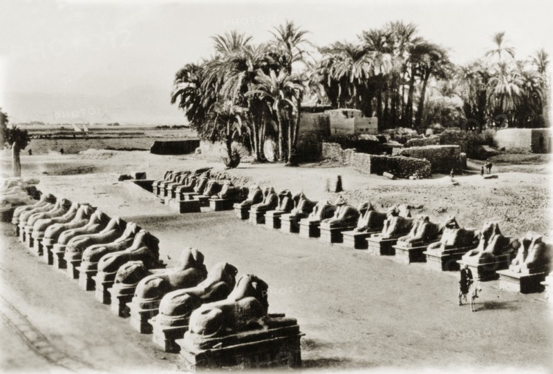 Ram-headed sphinxes at Karnak. An avenue of ram-headed sphinxes guard the entrance to the Karnak Templex complex. Karnak, Egypt, February 1945., Qina, Egypt, Northern Africa, Africa.