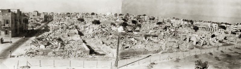 Bomb damage in the Musrara Quarter. The remains of a residential block in the Musrara Quarter, destroyed by mortar bombs during the 1948 Arab-Israeli War. Jerusalem, British Mandate of Palestine (Israel), 1949. Jerusalem, Jerusalem, Israel, Middle East, Asia.