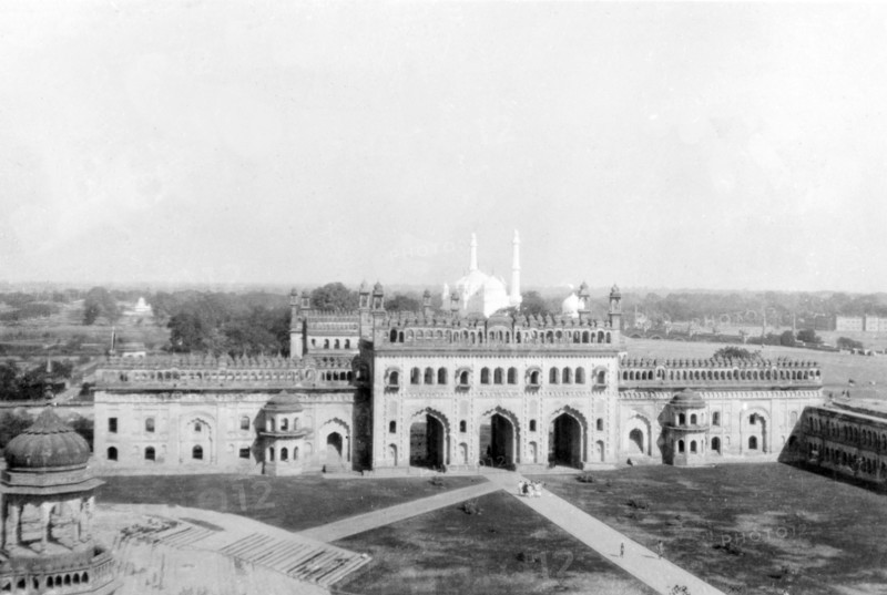 Turkish Gate' at the Bara Imambara. View of the 'Turkish Gate' at the Bara Imambara, a Shia Islam monument built by Nawab Asaf-ud-Daulah (r.1775-97) in 1784. The twin minarets of the Mosque of Aurangzeb can be seen in the distance to the north. Lucknow, United Provinces (Uttar Pradesh), India, January 1934. Lucknow, Uttar Pradesh, India, Southern Asia, Asia.