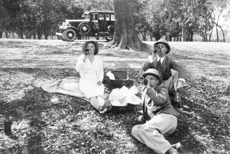 Picnic en route to Bareilly. Two members of the Police Training School and a female friend have a picnic lunch on the road to Bareilly. They sit on the grass, drinking from glass bottles, in front of a motorcar parked in the distance. Near Bareilly, United Provinces (Uttar Pradesh), India, February 1934. Bareilly, Uttar Pradesh, India, Southern Asia, Asia.