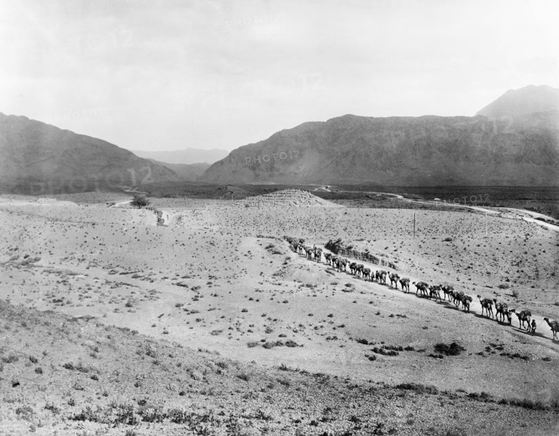 Camel convoy at the entrance to the Khyber Pass. A camel convoy winds its way through the desert towards the entrance of the Khyber Pass. An original caption points out another "road for motor transport" (top right) and a small cemetery located on a hill in the distance. North West Frontier Province, India (Federally Administered Tribal Areas, Pakistan), circa 1919., Federally Administered Tribal Areas, Pakistan, Southern Asia, Asia.
