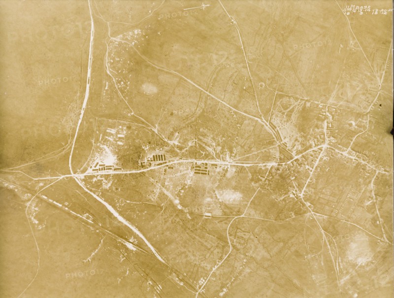 Aerial view of Achiet-le-Petit, 1918. One of a series of British aerial reconnaissance photographs recording the positions of trenches on the Western Front during the First World War. An original identifies this as the bomb-damaged village of Achiet-le-Petit. Achiet-le-Petit, Nord-Pas de Calais, France, 18 March 1918. Achiet le Petit, Nord-Pas de Calais, France, Western Europe, Europe .