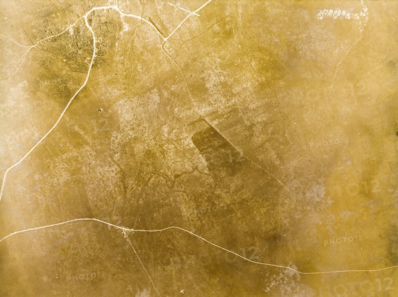Aerial view of Pys, 1918. One of a series of British aerial reconnaissance photographs recording the positions of trenches on the Western Front during the First World War. An original identifies this as the bomb-damaged village of Pys. Pys, Nord-Pas de Calais, France, 18 March 1918. Pys, Nord-Pas de Calais, France, Western Europe, Europe .