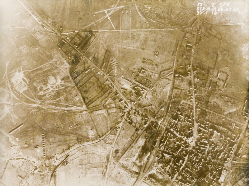Aerial view of Bapaume, January 1918. One of a series of British aerial reconnaissance photographs recording the positions of trenches on the Western Front during the First World War. A British military camp, based in the bomb-damaged village of Bapaume. This photograph was taken shortly before the village was captured by the Germans during the Spring Offensive of April 1918. Bapaume, Nord-Pas de Calais or Picardie, France, 30 January 1918. Bapaume, Nord-Pas de Calais, France, Western Europe, Europe .