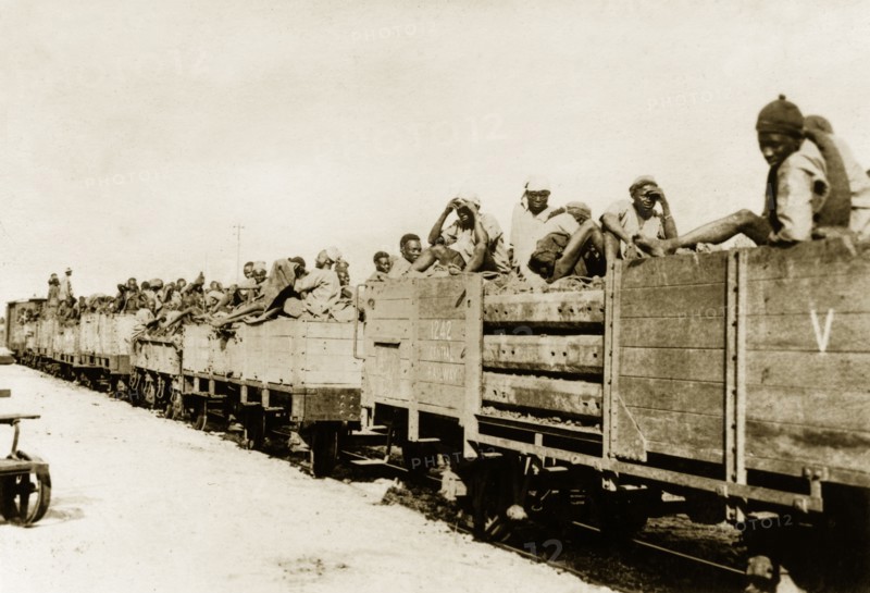 African schutztruppes travel by rail. African schutztruppes travel in crowded, open railway wagons on a train journey through German East Africa. German East Africa (Tanzania), circa 1910. Tanzania, Eastern Africa, Africa.