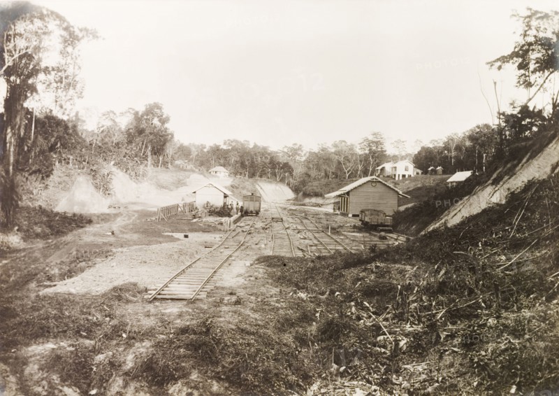 Siparia railway station, Trinidad. View looking northeast along the extended Siparia railway line to the construction of Siparia railway station, built by Trinidad Government Railways. Siparia, Trinidad, 3 April 1914. Siparia, Trinidad and Tobago, Trinidad and Tobago, Caribbean, North America .