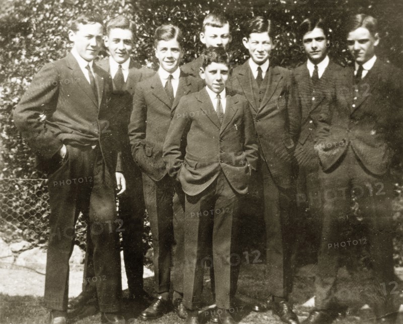 Eastbourne College students. Young male students from Eastbourne College pose for a group portrait in their school uniforms. Eastbourne, England, circa 1924. Eastbourne, Sussex, England (United Kingdom), Western Europe, Europe .