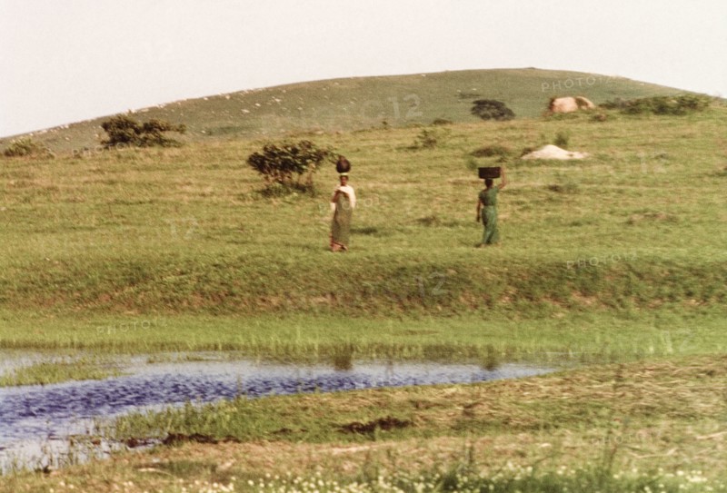 Two women collecting water. Two women balance containers on their heads as they collect water from a pool at Bubdare dam. Mbarara, West Uganda, September 1963., West (Uganda), Uganda, Eastern Africa, Africa.