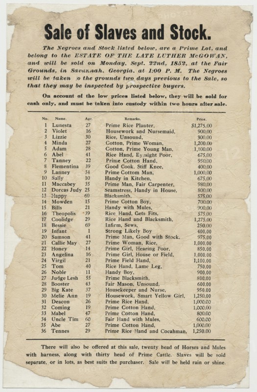Broadside:  Sale of slaves and stock 1852. Artist unidentified