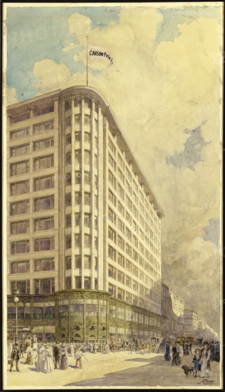 Watercolor painting of Carson Pirie Scott flagship store 1903. Created by Albert Fleury