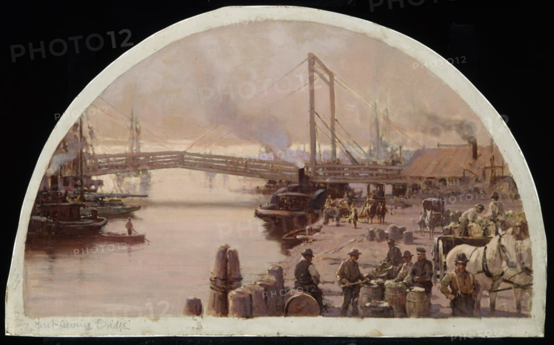 The First Bridge Across the Chicago River, 1834.  Created by Earle, Lawrence Carmichael, 1845-1921