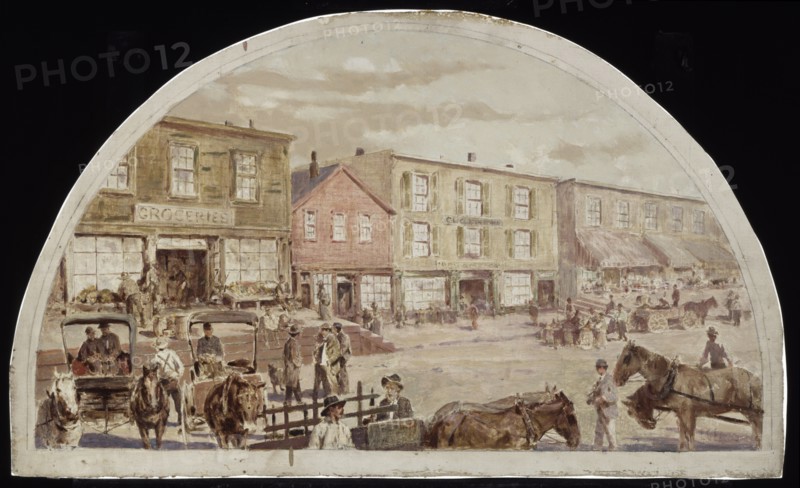 Clark Street, between Lake and Randolph Streets, 1857.  Created by Earle, Lawrence Carmichael, 1845-1921