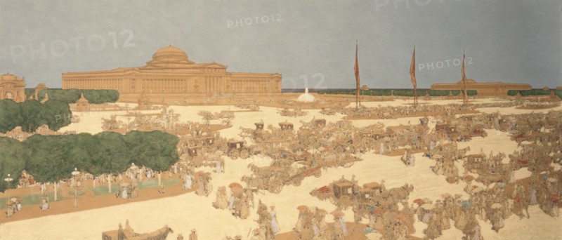 Proposed plaza on Michigan Avenue, west of the Field Museum of Natural History in Grant Park, looking east from the corner of Jackson Boulevard, 1907.  Created by Guerin, Jules, 1866-1946