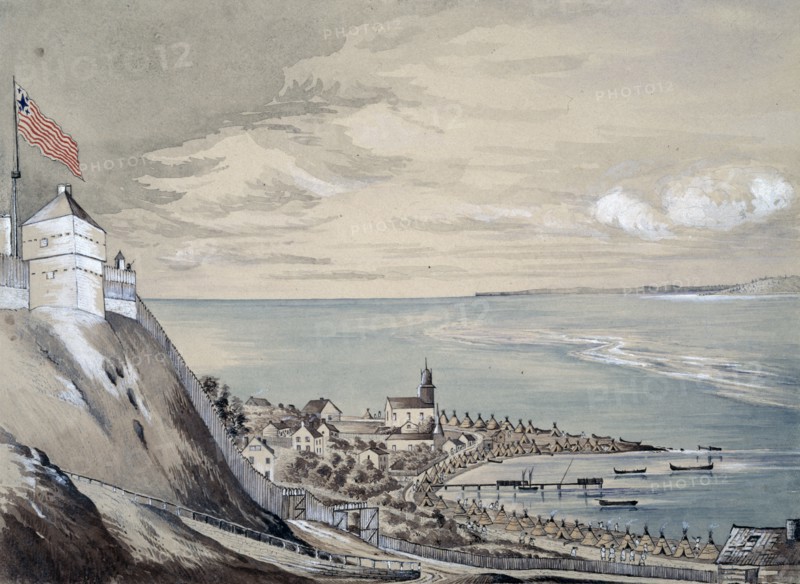 Fort and village of Mackinaw, with the Indian encampment, 1842.  Created by Ainslie, Henry Francis
